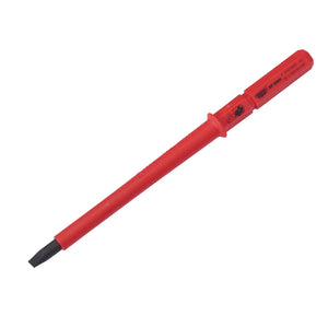 The Draper Xp1000® Vde Plain Slot Interchangeable Screwdriver Blade, 5.5 X 100mm - 9651P, is a red insulated screwdriver with a flat-head tip and a removable protective cap, featuring an XP1000® handle and crafted from durable SVCM steel.