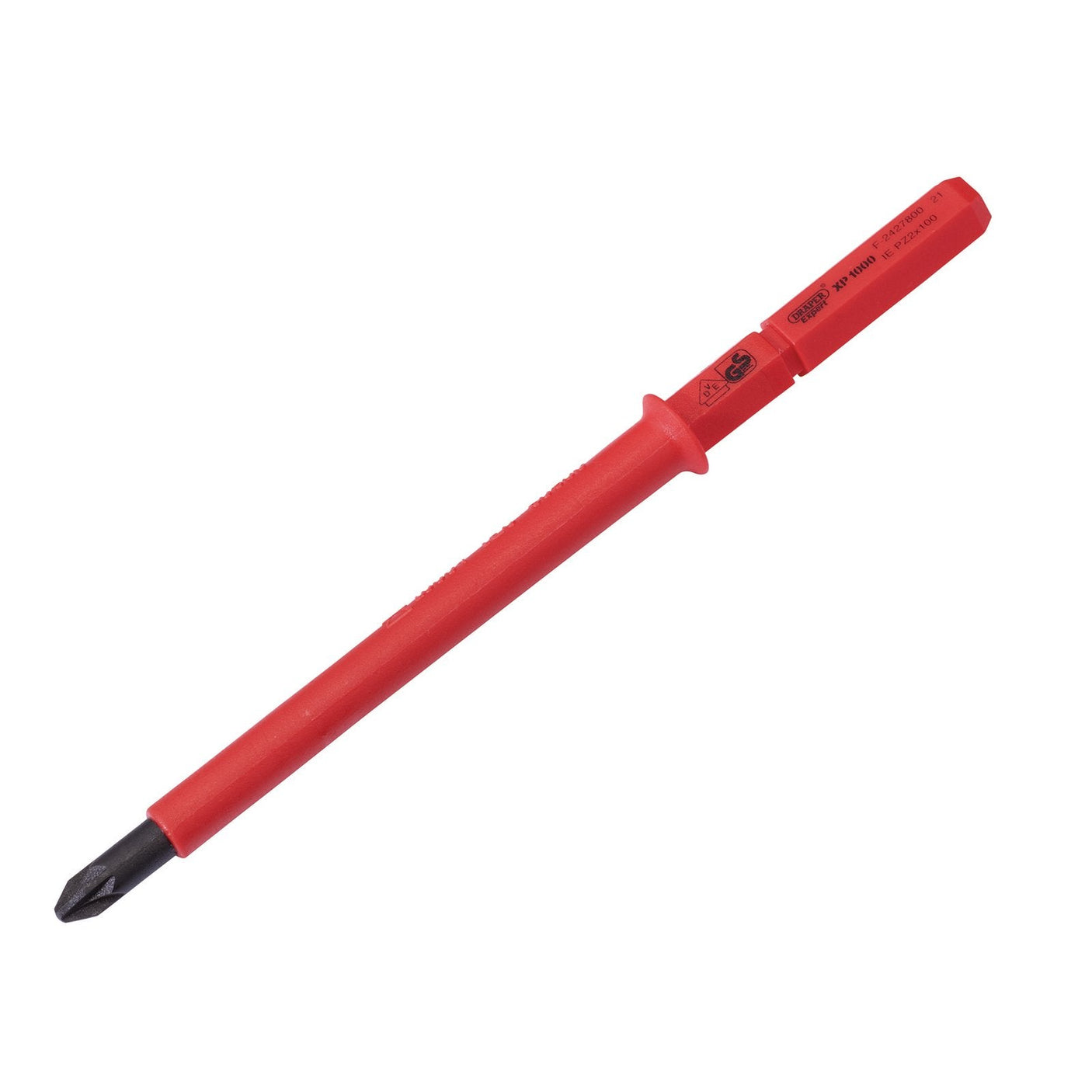 A Draper Xp1000® Vde Pz Type Interchangeable Screwdriver Blade, No.2 X 100mm - 9651PZ, featuring a red insulated handle and black tip, with an SVCM steel blade and protective sheath.