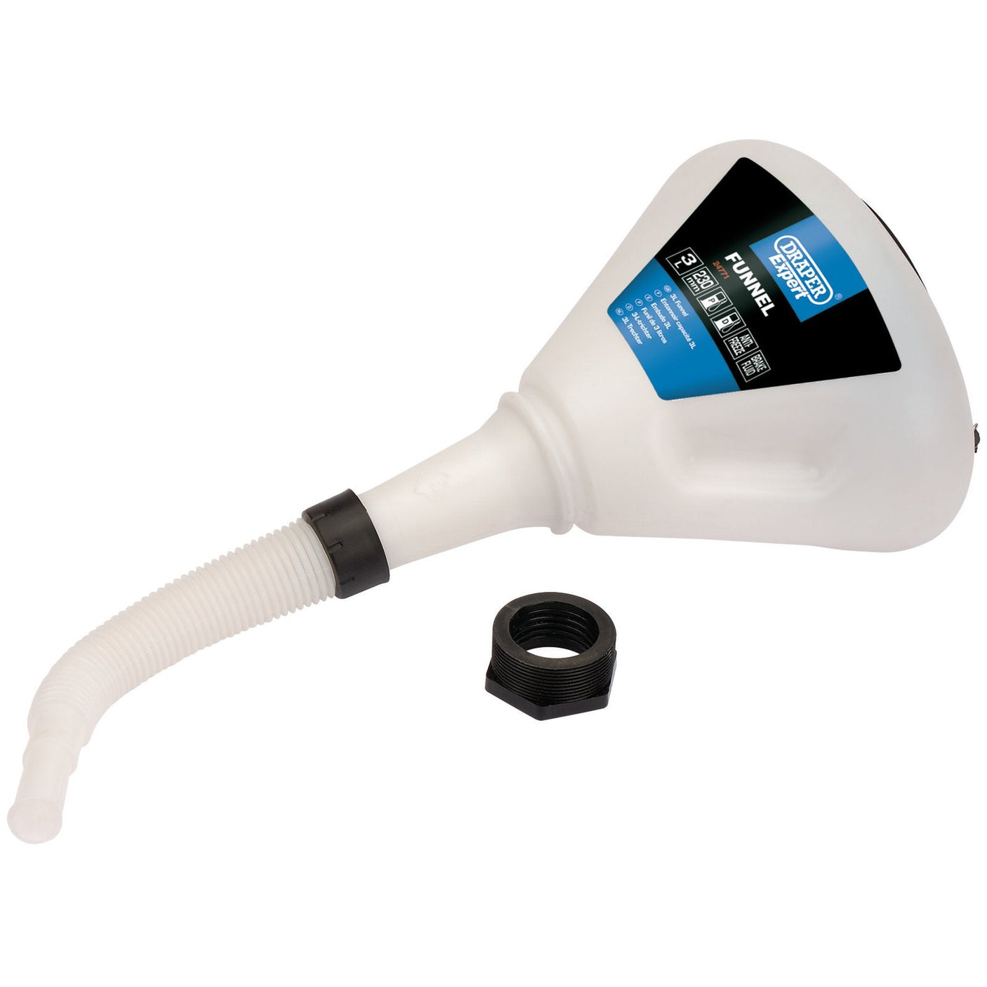 The Draper Polypropylene Funnel, 230mm, 3L - F-HD9 is made from translucent polypropylene and includes a flexible spout with a black detachable threaded adapter. It also features an anti-spill lip and a blue product label that provides brand information and usage instructions.