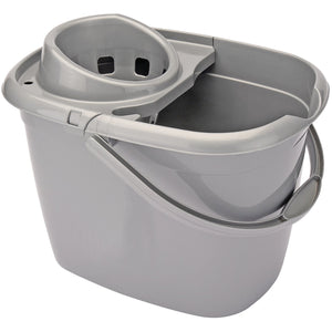 The Draper Plastic Mop Bucket, 12L - MBG, is a gray plastic bucket with a wringer, handle, and side pouring spout, ideal for domestic or contract work.