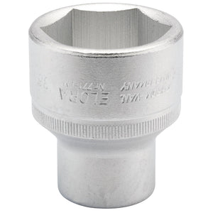 Close-up of a silver Draper Elora Hexagon Socket, 1/2" Sq. Dr., 36mm, made from chrome vanadium steel, engraved with "32 ELORA, GERMANY" and additional markings. The tool boasts a hexagonal opening at the top end and superior corrosion protection for extended durability.