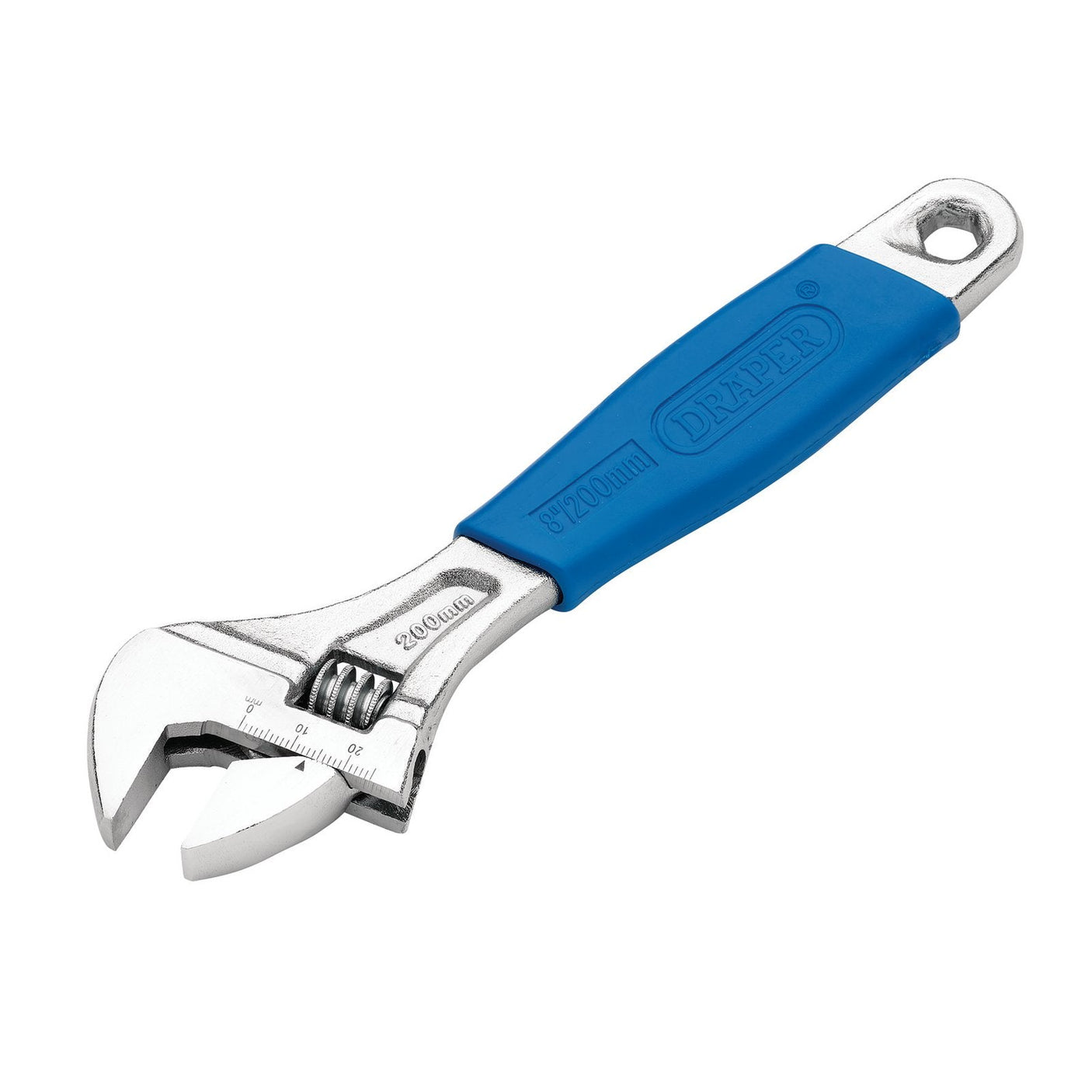 The Draper Crescent-Type Adjustable Wrench, 200mm, 24mm - 380CD/SG features a silver finish with a blue handle and measurement markings. Designed in the style of crescent-type wrenches, its robust carbon steel construction ensures durability. The brand name "Draper" is prominently displayed on the handle, which also includes a convenient hole at the end for hanging.
