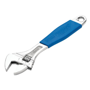 Image of the Draper Crescent-Type Adjustable Wrench, 250mm, 30mm - 380CD/SG with a blue handle. Made from durable carbon steel for enhanced strength and corrosion protection, this wrench features a precise measurement scale on the head.