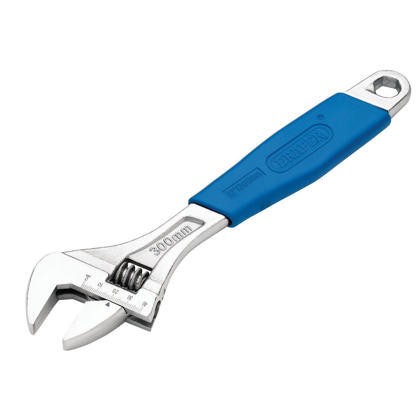 The Draper Crescent-Type Adjustable Wrench, 300mm, 36mm - 380CD/SG features a blue grip handle, etched measurement markings on the jaws for precision, and is crafted from durable carbon steel to provide added corrosion protection.