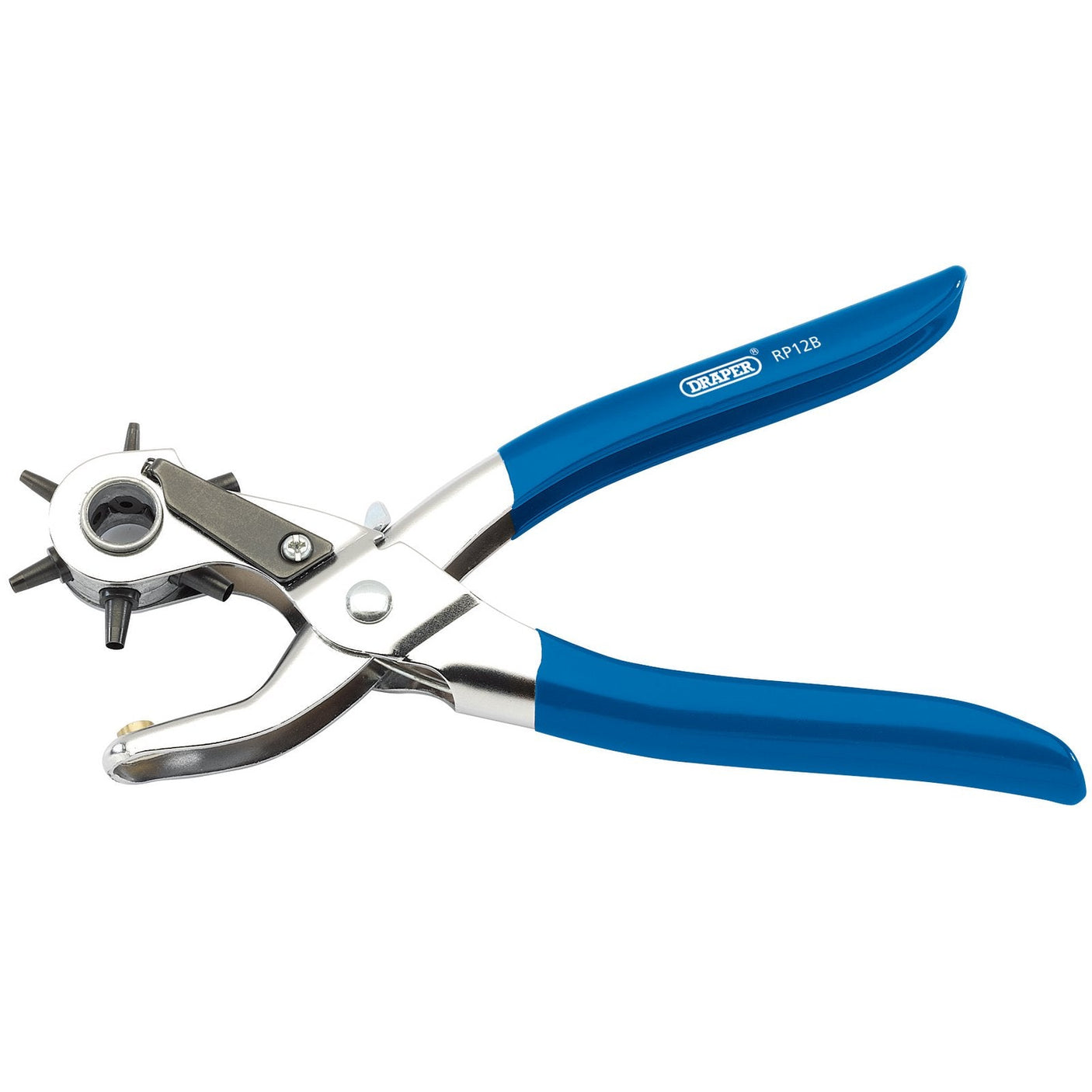 The Draper Revolving Punch Pliers RP12B, ranging from 2.5 to 4.5mm, features plastic-coated handles and a revolving head that offers various hole sizes.