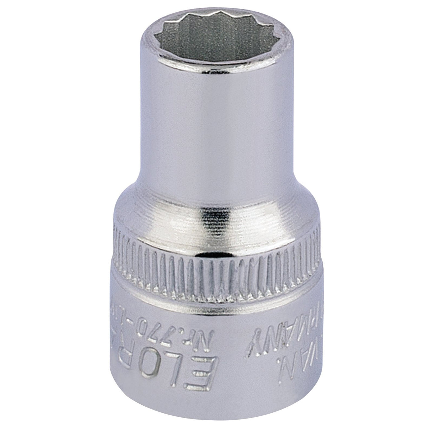 A Draper Elora Whitworth Bi-Hexagon Socket, 1/2" Sq. Dr., 3/16" - 770-LW 3/16, made of polished chrome-vanadium steel, featuring a knurled middle band and engraved text for the brand and size, meeting DIN 3124/ISO 2725 standards.