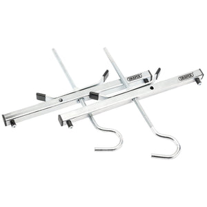 A pair of Draper Ladder Car Roof Clamps - LRC featuring silver floor panel lifters with curved hooks and black rubber grips, perfect for securing ladders or roof racks with ease.