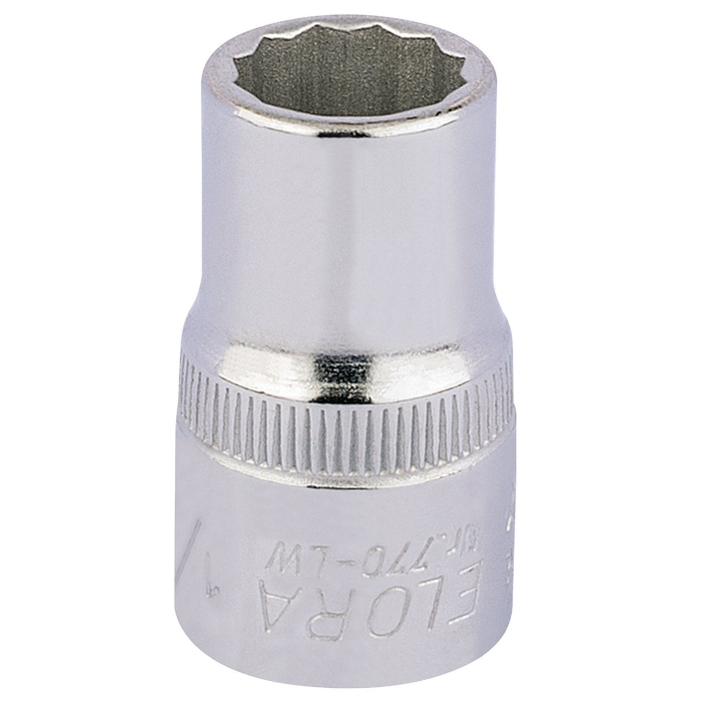 The Draper Elora Whitworth Bi-Hexagon Socket, 1/2" Sq. Dr., 1/4" - 770-LW 1/4 is a silver, hexagon-shaped attachment made from chrome vanadium steel with embossed text, featuring ISO 2725 compliance and corrosion protection.