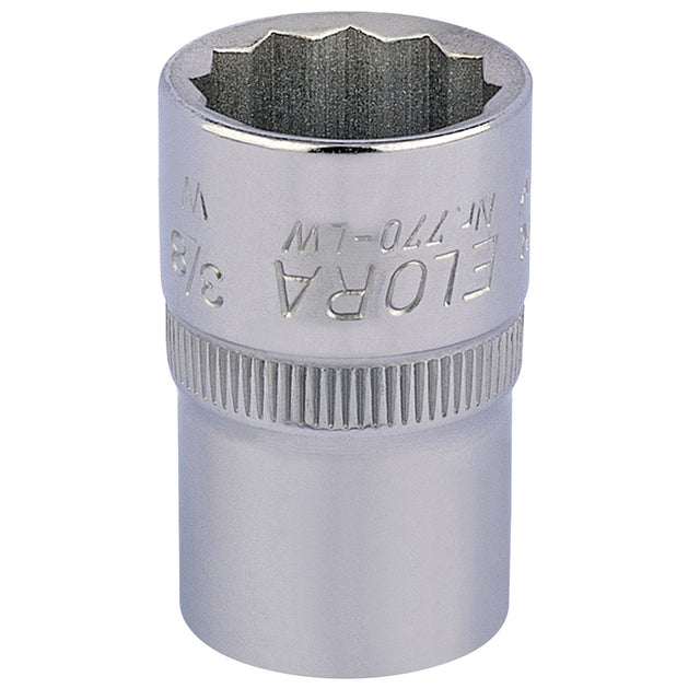 The Draper Elora Whitworth Bi-Hexagon Socket, 1/2" square drive size, 3/8", features a knurled ring for better grip and is made from chrome vanadium steel for superior corrosion protection, complying with DIN 3124 standards.