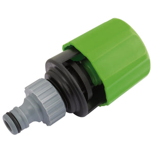 The Draper Multi-Tap Connector - GWMTC-1, by Draper, features a green and gray design with a durable plastic outer casing and a rubber O-ring seal on the gray component, making it ideal for garden hoses.