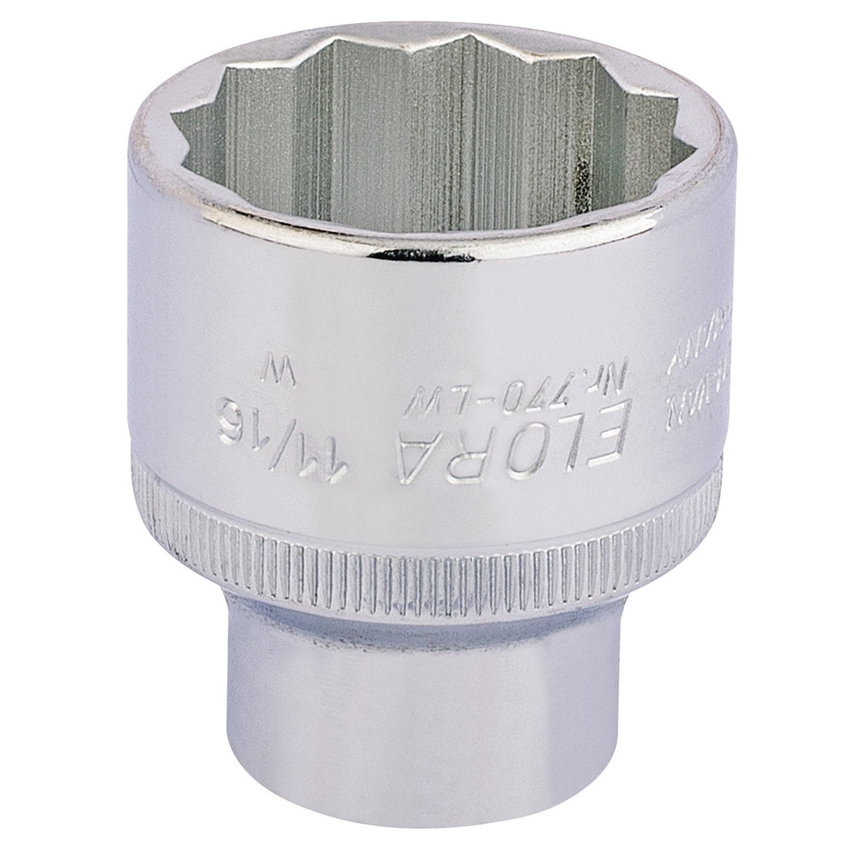 The Draper Elora Whitworth Bi-Hexagon Socket, 1/2" Sq. Dr., 11/16" - 770-LW 11/16 is crafted from durable chrome vanadium steel and features engraved text with a twelve-point design for enhanced grip. This product adheres to DIN 3124/ISO 2725 standards and provides superior corrosion protection.