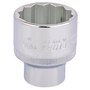 The Draper Elora Whitworth Bi-Hexagon Socket, 1/2" Sq. Dr., 11/16" - 770-LW 11/16 is crafted from durable chrome vanadium steel and features engraved text with a twelve-point design for enhanced grip. This product adheres to DIN 3124/ISO 2725 standards and provides superior corrosion protection.