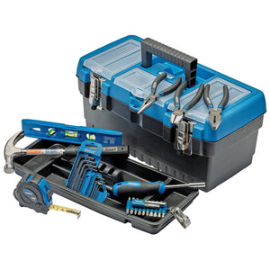 The Draper Diy Essential Tools Kit - DTKJDDIYKIT, a black and blue toolbox from Draper, features its lid open to display various tools including pliers, a hammer, a tape measure, screwdrivers, a level, and hex keys. It's perfect as a DIY starter kit for home repairs and maintenance.