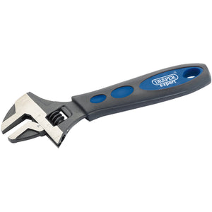 The Draper Soft Grip Crescent-Type Adjustable Wrench, 150mm, 19mm - AWSG features a blue and black soft grip handle and is expertly crafted from durable chrome vanadium steel.