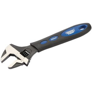 A 200mm Draper Soft Grip Crescent-Type Wrench, labeled "Draper Expert" and crafted from durable chrome vanadium steel, featuring a black and blue soft grip handle.