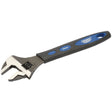 A Draper Soft Grip Crescent-Type wrench, measuring 300mm with a 38mm capacity and featuring a black and blue soft grip handle, is expertly crafted from durable chrome vanadium steel.