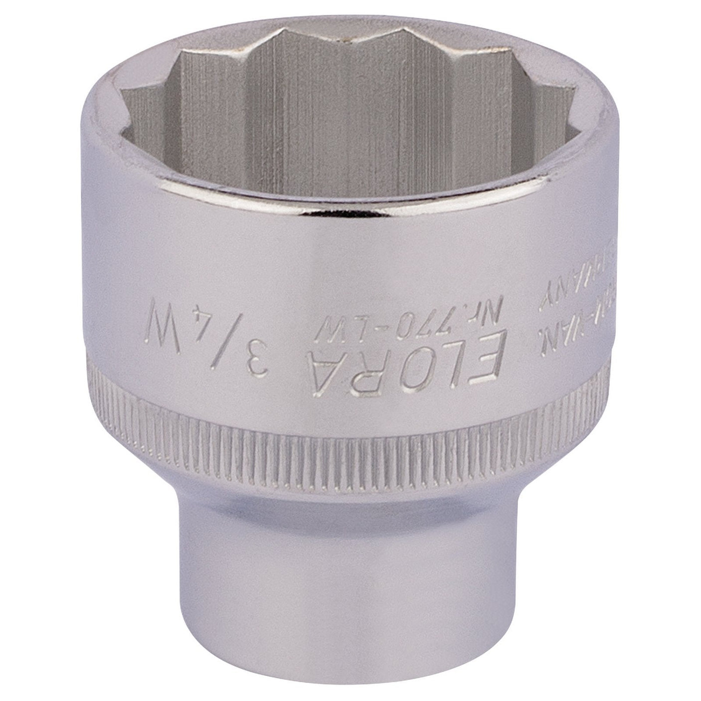 Image of a shiny, chrome vanadium steel socket wrench head with engraved text "Draper Elora 3/4 W" and ridged edges, offering excellent corrosion protection.