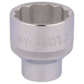 Image of a shiny, chrome vanadium steel socket wrench head with engraved text "Draper Elora 3/4 W" and ridged edges, offering excellent corrosion protection.