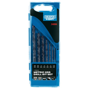 A Draper brand 7-piece metric HSS drill bit set (DS7MA) in a transparent blue plastic storage case, with sizes ranging from 1.5mm to 6.0mm.