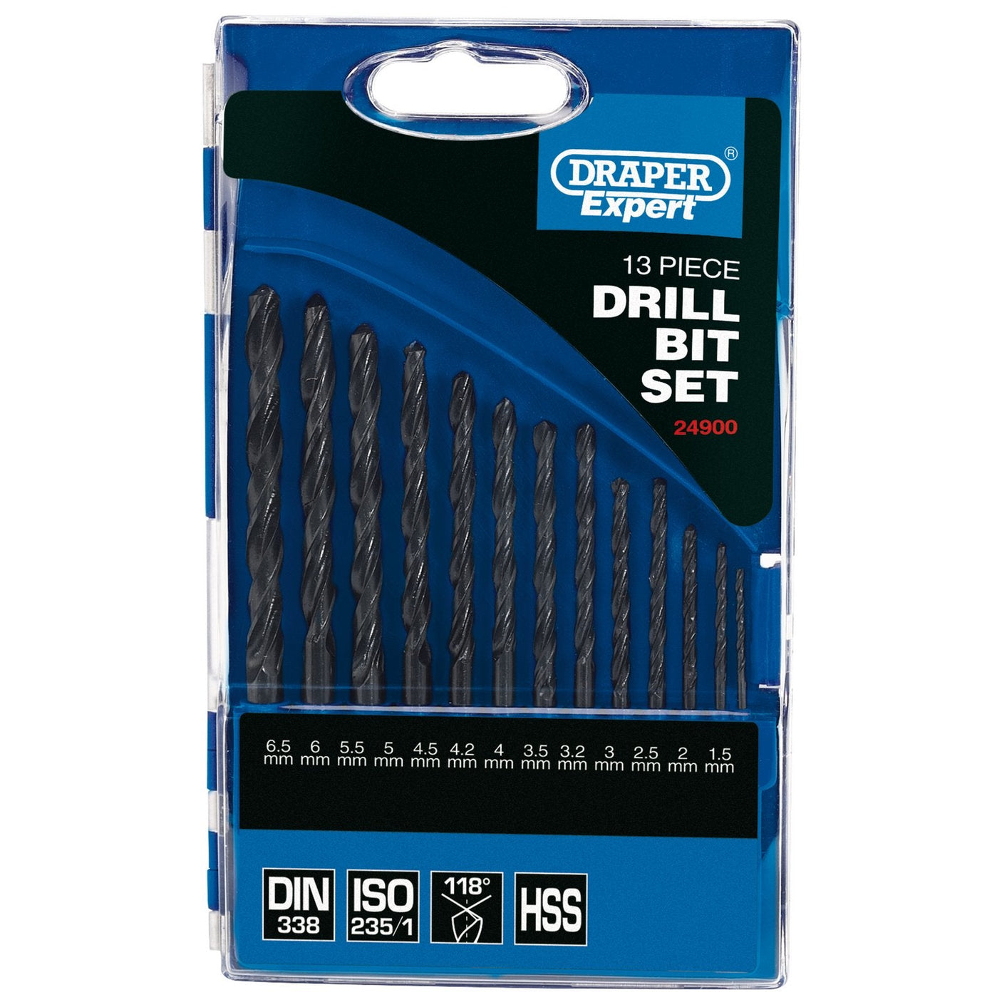 The Draper Metric HSS Drill Set (13 Piece) - DS13MA by Draper, model 24900, features high-speed steel drills ranging from 1.5 mm to 6.5 mm in size, packaged in a clear plastic storage case, and conforming to DIN 338 standards.