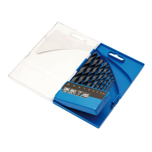 A blue plastic storage case containing the Draper Metric HSS Drill Bit Set (10 Piece) - DS10MB, featuring black high-speed steel spiral drill bits with labeled sizes. The case includes a transparent cover that is partially open.