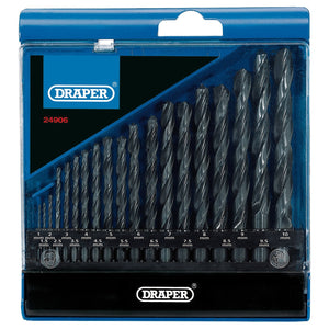 The Draper Metric Hss Drill Set (19 Piece) - DS19MB features high-speed steel bits ranging from 1.5mm to 10mm, all neatly arranged in a blue plastic case with a durable chemical black finish.