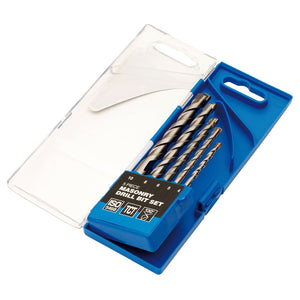 A Draper Metric Masonry Drill Bit Set (5 Piece) - DS5MSB in a blue plastic case featuring tungsten carbide drill bits and a semi-open transparent lid.