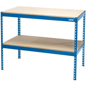 The Draper Steel Workbench (Model: WB1200), measuring 1200 x 600 x 900mm, has a powder-coated blue frame, a light-colored tabletop, and includes a lower shelf.