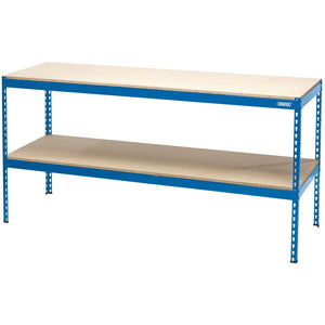 The Draper Steel Workbench, 1800 X 600 X 900mm - WB1800, is a blue metal frame workbench with a light wood top and a lower shelf. It features an easy-to-assemble design with a powder-coated finish and has a maximum working load of 200kg.