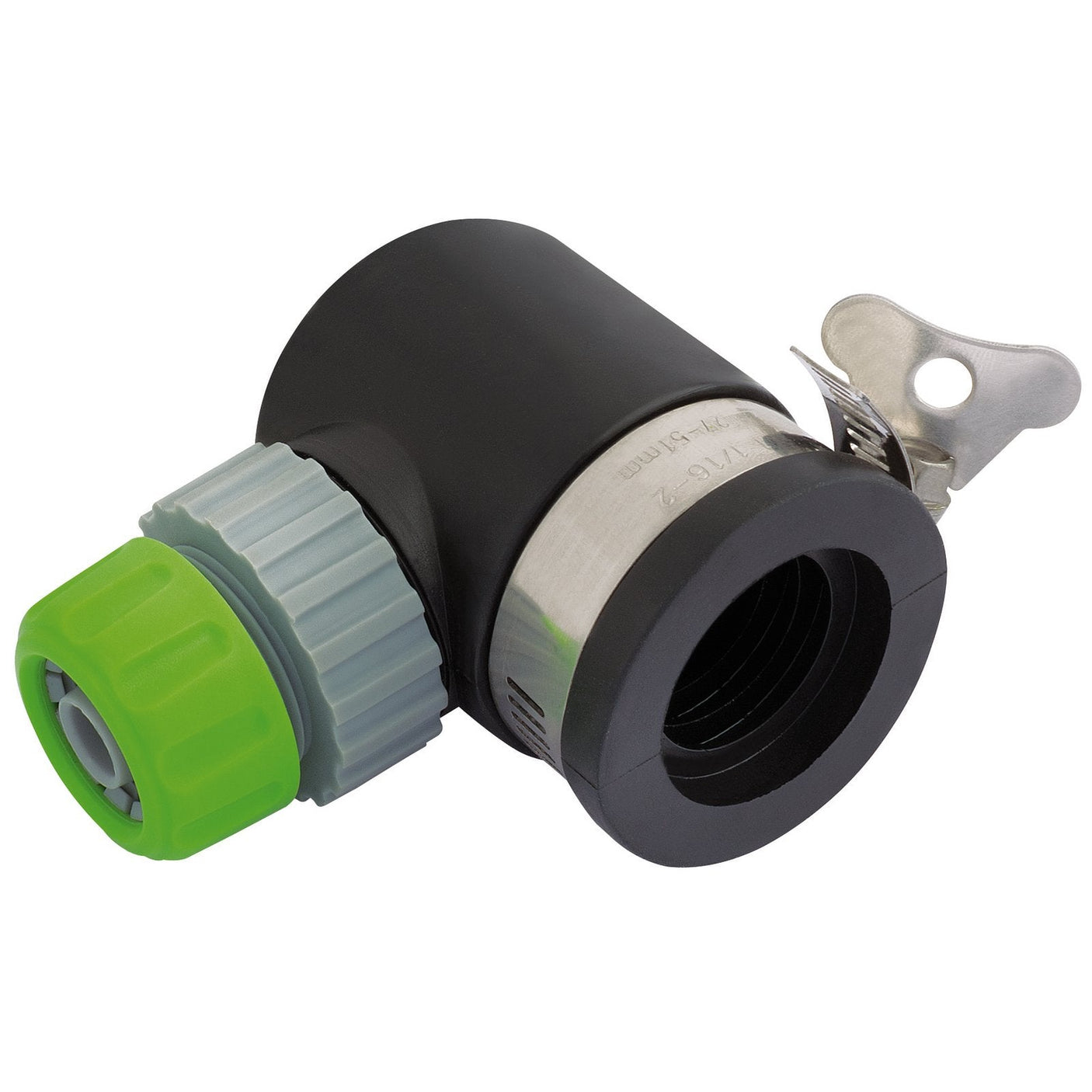 Close-up of the Draper 90° Right Angle Lock On Tap Connector - GWMTC-2 in black, green, and silver with a lever. Ideal for garden hoses and sink taps, it features a plastic valve and a metal latch mechanism for securing attachments.