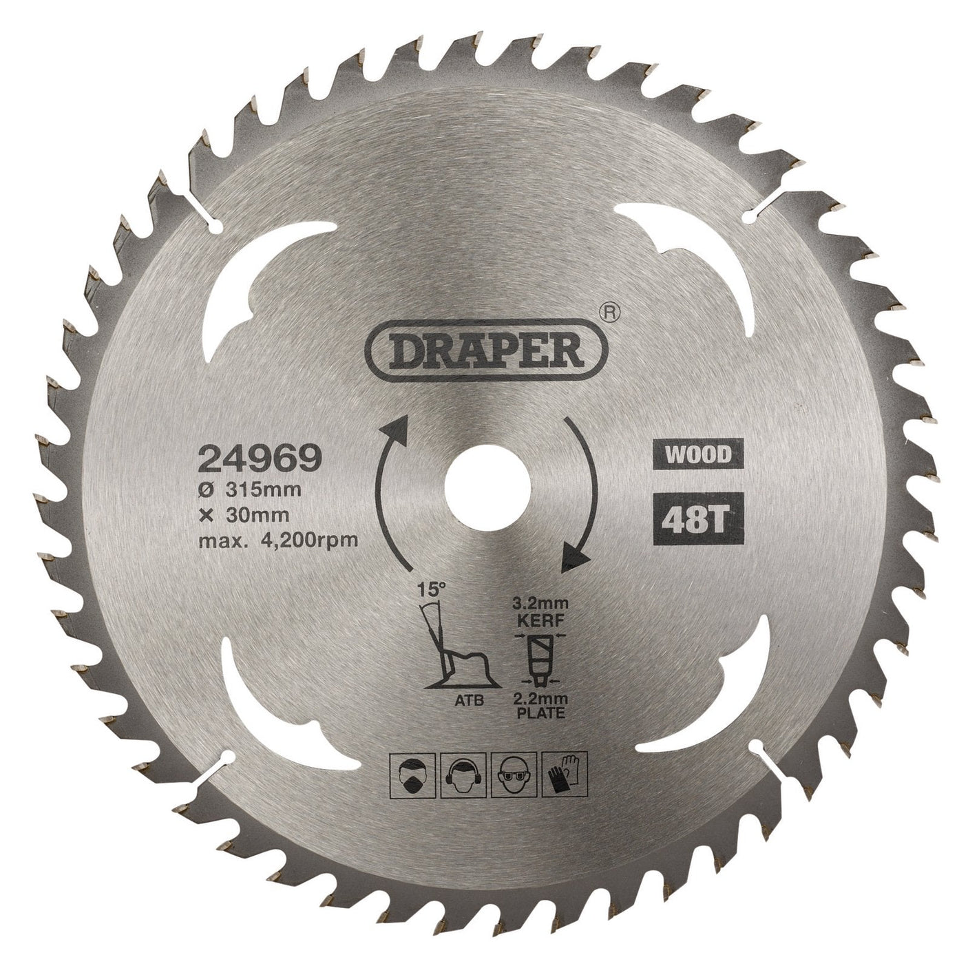 A Draper Tct Circular Saw Blade For Wood, 315 X 30mm, 48T - SBW18 labeled "Draper," with a diameter of 315mm and 48 teeth, suitable for wood, has a maximum speed of 4,200 RPM. Safety icons indicate the use of goggles, gloves, and ear protection.