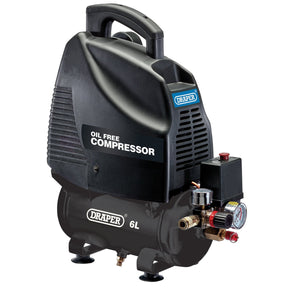 Experience the exceptional power and portability of the Draper 6L Oil-Free Air Compressor, 1.1kW/1.5Hp - DA6/169, featuring control knobs, gauges, and connectors, designed for easy transport with a convenient handle on top. Enjoy a maintenance-free life with this high-performance air compressor from Draper.