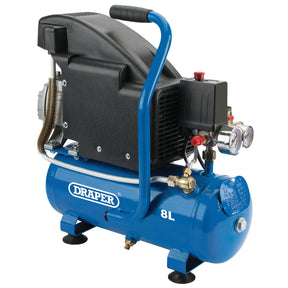 A Draper 8L Direct Drive Air Compressor (model: DA8/118), boasting a maintenance-free design, with a black handle, various gauges and valves, and a pressure switch with a maximum of 116 psi.