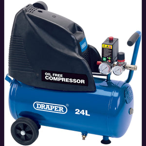 Introducing the Draper 24L Oil-Free Direct Drive Air Compressor, model DA25/169, with a powerful 1.1Kw/1.5Hp motor. This compressor features pressure gauges, a control knob, and a quick euro coupling outlet for ultimate power and portability.