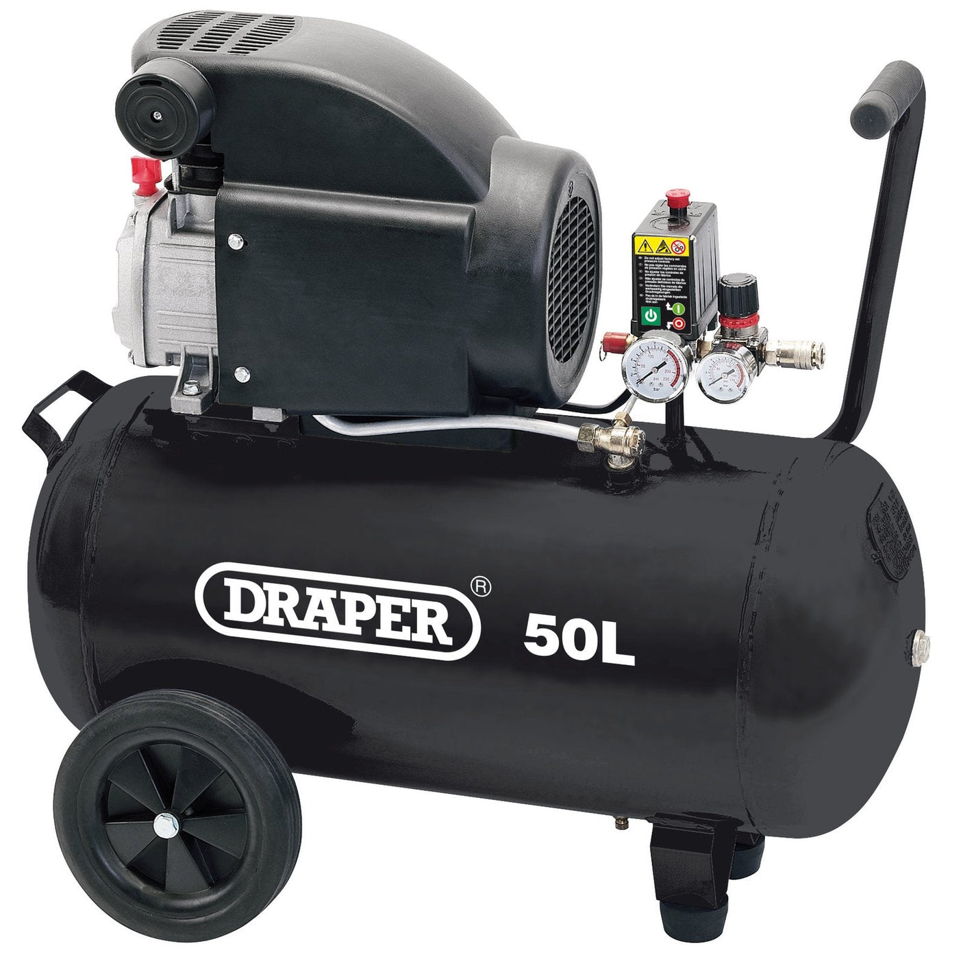 The Draper 50L Direct Drive Air Compressor, 1.5Kw/2Hp - DA50/207, in black, is an ideal choice for workshop use with a variety of pneumatic tools and tasks. It features gauges, a handle, wheels for easy mobility, and includes a pressure switch for precise control.