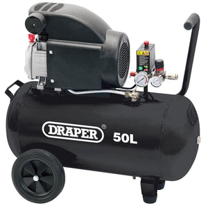 The Draper 50L Direct Drive Air Compressor, 1.5Kw/2Hp - DA50/207, in black, is an ideal choice for workshop use with a variety of pneumatic tools and tasks. It features gauges, a handle, wheels for easy mobility, and includes a pressure switch for precise control.