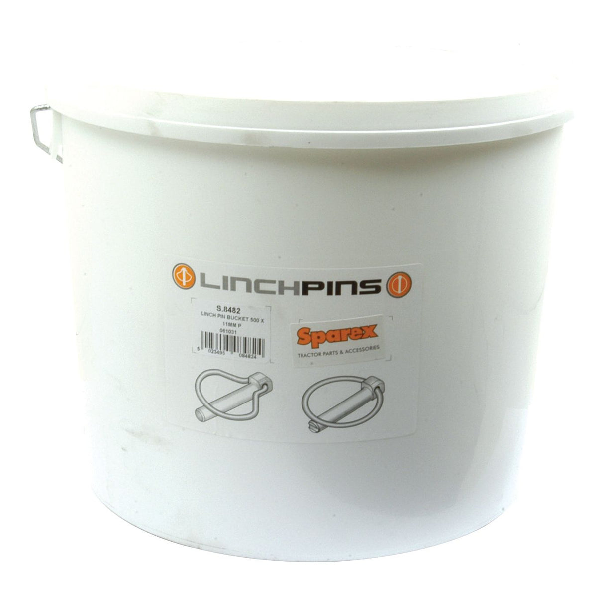 A white plastic bucket labeled "Pear Linch Pin, Pin ⌀8mm x 44.5mm (150 pcs. Small Bucket) - S.24" from Sparex NLA features a convenient handle and a detailed diagram of a linchpin on the front.