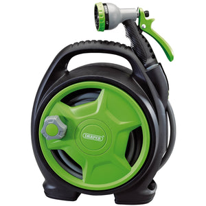 The Draper Mini Hose Reel Set, 10M - GWMHRS2, in green and black, comes with an attached spray gun, making your gardening tasks easier and more efficient.