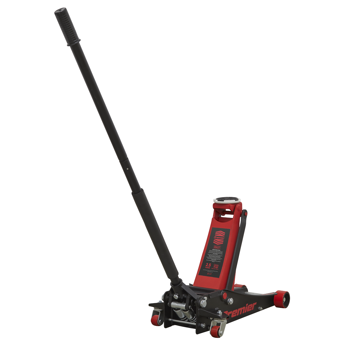 The Sealey Trolley Jack 2.5 Tonne Low Profile with Rocket Lift - 2501LE is a red and black hydraulic floor jack featuring a long handle, polyurethane wheels, and a twin piston rocket lift system for efficient vehicle lifting.