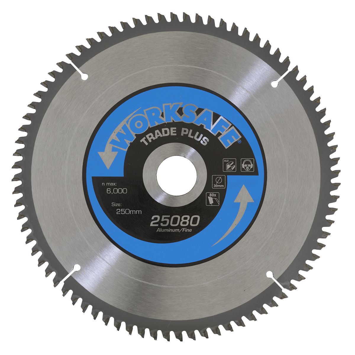 The Sealey Aluminium Cutting TCT Saw Blade, model Ø250 x 30mm - 80tpu - 25080/Ali, operates at a maximum speed of 6,000 RPM and features a diameter of 250mm. Ideal for fine finish work and mitre crosscutting, this blade boasts multiple teeth and a central hole for mounting.