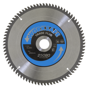 The Sealey Aluminium Cutting TCT Saw Blade, model Ø250 x 30mm - 80tpu - 25080/Ali, operates at a maximum speed of 6,000 RPM and features a diameter of 250mm. Ideal for fine finish work and mitre crosscutting, this blade boasts multiple teeth and a central hole for mounting.