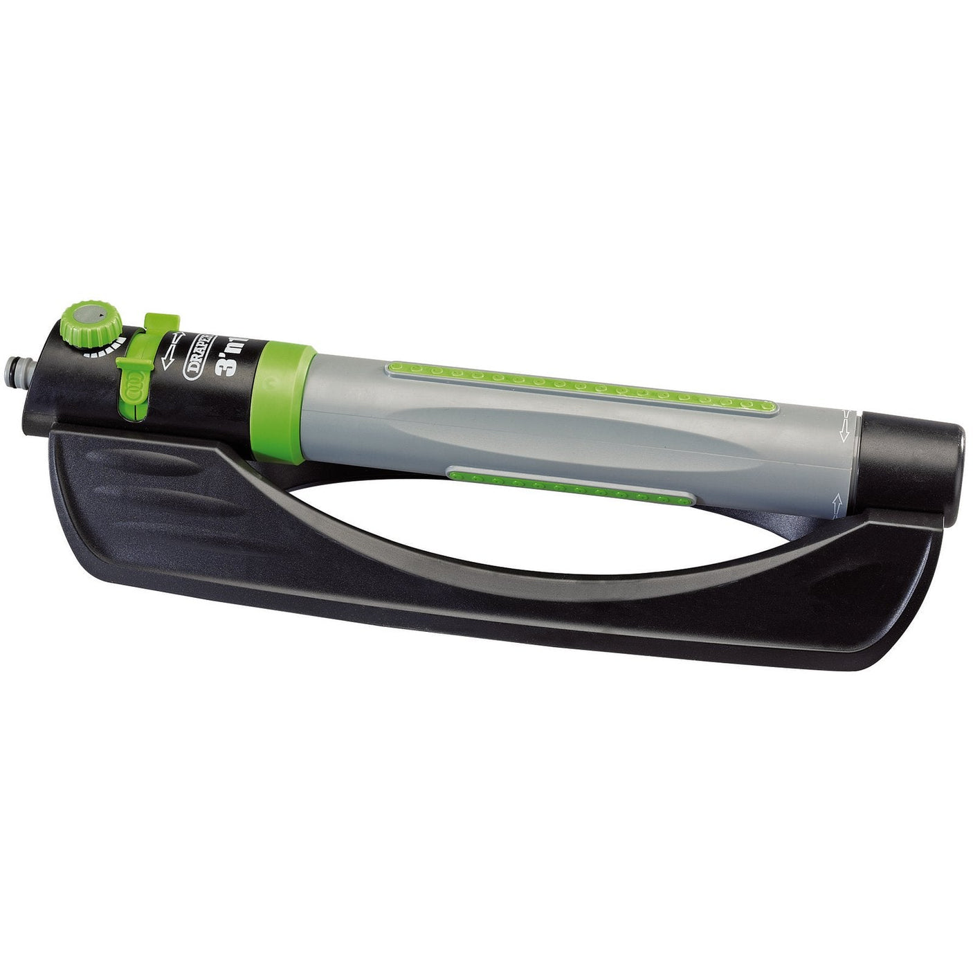 The Draper 3-In-1 Oscillating Sprinkler - GWOS-3IN1, featuring a green and black design, comes with an adjustable knob for tailored watering. Perfect for lawns and gardens, it includes a durable plastic base and offers various spray options.