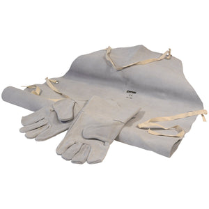 The SIP - Leather Welding Gloves & Apron - SIP-25112 set by SIP, featuring a suede leather apron, durable arm sleeves, and leather welding gloves, is laid out on a white background.