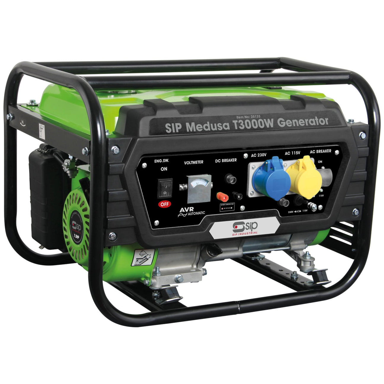 A green and black SIP - MEDUSA T3000W Petrol Generator (Model SIP-25133) featuring multiple control knobs, switches, and power outlets on the front panel, along with an Automatic Voltage Regulator for stable output.