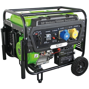 The SIP - MEDUSA T5500W Petrol Generator (model SIP-25137) by SIP is green and equipped with various voltage outlets, a voltmeter, and switches. It features an Automatic Voltage Regulator and comes mounted on a black metal frame with wheels for easy portability.