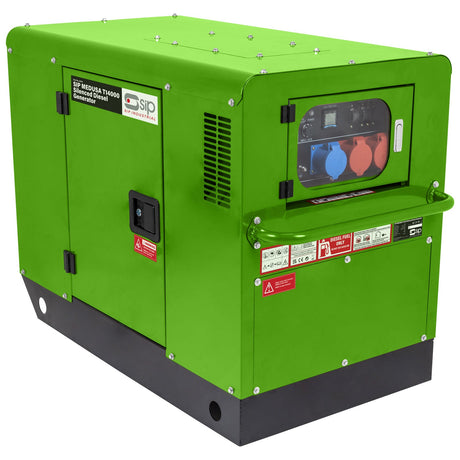 A SIP MEDUSA T14000 Silenced Diesel Generator in green, featuring multiple power outlets, labeled controls, and an automatic transfer switch.