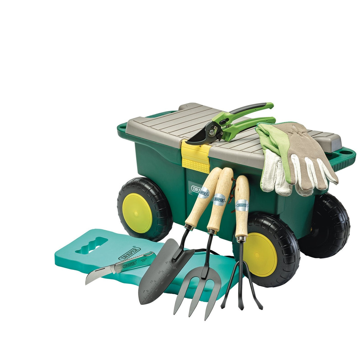 The Draper Gardening Essentials Tool Kit, model DTKJDGRDKIT, featuring a green and yellow wheeled garden tool cart, gloves, pruners, trowels, a fork, and a foam kneeling pad is displayed against a white background.