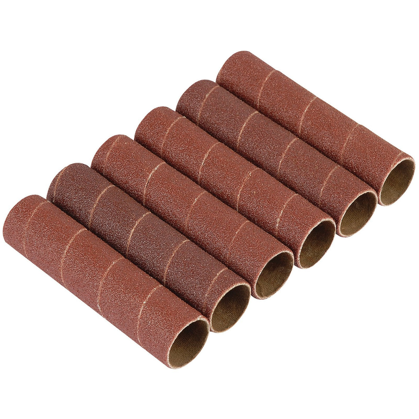 Six Draper Aluminium Oxide Sanding Sleeves for 10773, 25.5mm (Pack of 6) - APT5SPC, 80 grit and heavy duty, lined up horizontally on a white background.