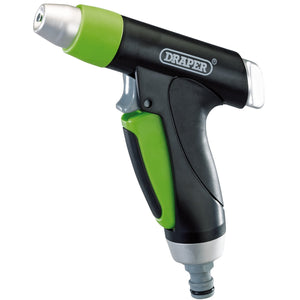 The Draper Adjustable Jet Spray Gun - GWSG-J, in black and green, features an ergonomic handle and adjustable nozzle that provides spray options from a fine mist to a powerful jet. It also includes a lockable trigger flow for added convenience.