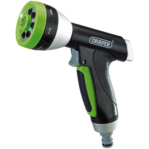 A handheld garden hose spray nozzle, named Draper 7 Pattern Spray Gun - GWSG-7P, branded "Draper," featuring a black and green handle, a green multi-function spray head with 7 pattern sprays, and a lockable trigger for continuous use.